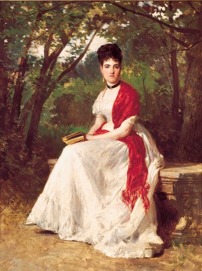 Portrait of Teresa Vergara, wife of the painter, sitting in a garden. Painting by Ricardo Balaca y Orejas-canseco by Ricardo Balaca y Canseco