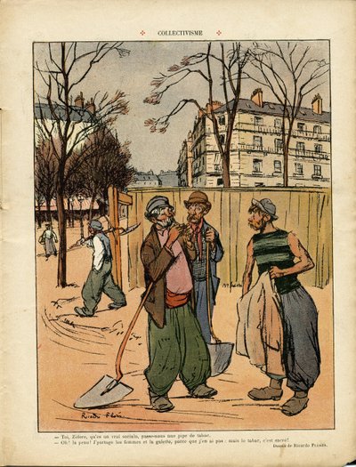 Illustration by Ricardo Flores in Le Rire, 06/02/09 - Collectivism - Social, Urban Architecture, Tree, Building, Collectivism - Worker, Terrassiers by Ricardo Flores