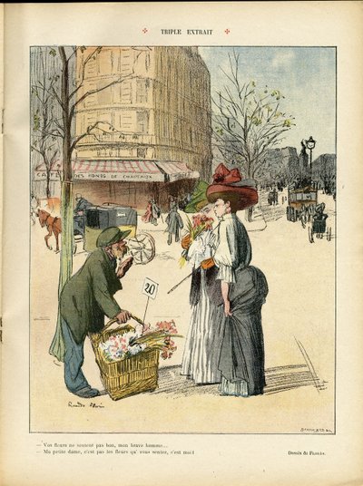 Illustration by Ricardo Flores (1878-1918) in Le Rire, 25/04/08 - Triple Excerpt - Architecture Urbanism, Fashion, Hat, Transport, Flowers, Shops by Ricardo Flores