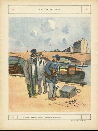 Illustration of Ricardo Flores in Le Rire, 05/10/12 - At the Hairdresser - Paris, Trades, Urban Architecture, Bridge, River - Dog, Hairdresser by Ricardo Flores