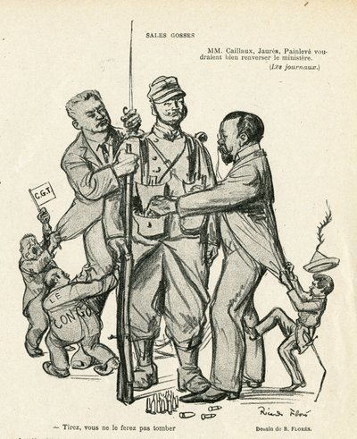 Illustration of Ricardo Flores (1878-1918) in Le Rire, 21/06/13 - Sales kidses - Army, Military Service, Socialism - Jaures Jean, Caillaux Joseph (1863-1944), Painleve Paul (1863-1933) by Ricardo Flores