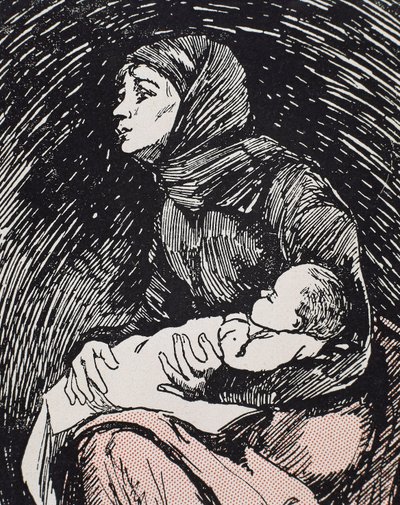 Christmas Eve. 1900. A skinny woman with her child in her arms (engraving) by Ricardo Maria Navarrete