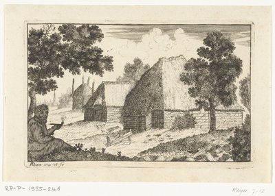 Two Farmhouses with a Man Smoking a Pipe by Richard Adam