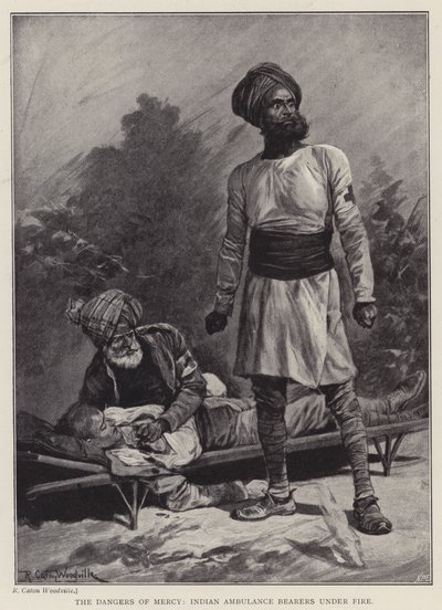 The dangers of mercy, Indian Ambulance Bearers under fire by Richard Caton II (after) Woodville