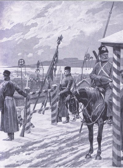 A Cossack Station in Manchuria with Tribal Signs Over the Men