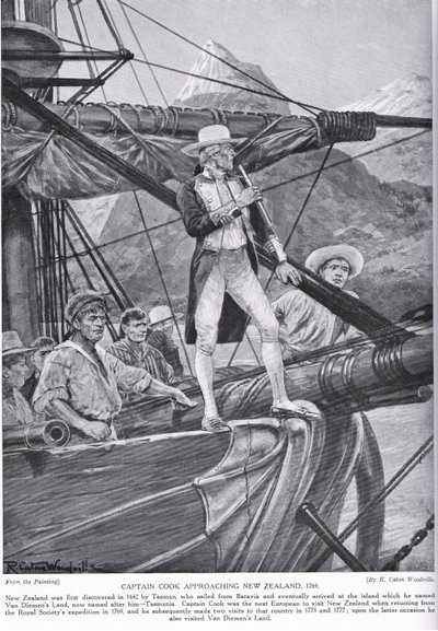 Captain Cook approaching New Zealand, illustration from 