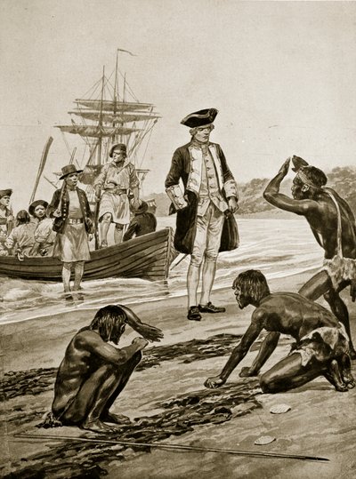 Captain Cook landing in Tasmania, 1777, illustration from 