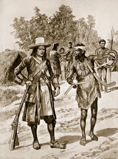 Dampier examining a boomerang in Australia, illustration from 