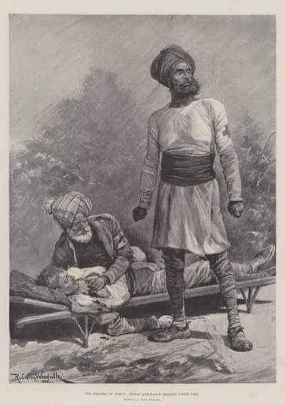 The Dangers of Mercy, Indian Ambulance-Bearers under Fire by Richard Caton Woodville junior