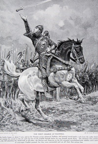 The first charge at Hastings: Taillefer the minstrel sword-juggler rode from the ranks singing and tossing his sword in the air, 1066, illustration from 