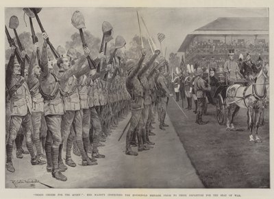 Three Cheers for the Queen!, Her Majesty Inspecting the Household Brigade Prior to their Departure for the Seat of War by Richard Caton Woodville junior