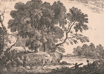 Landscape with group of trees surrounded by water, cottage on left, woman seated right foreground by Richard Cooper the Elder