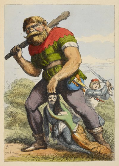 Jack approaching a giant from behind. The giant is dragging a knight of the round table, by his hair. A lady holds onto the knight. Colour illustration in a children