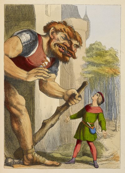 Jack looking up at a giant who has two heads. The giant is Welsh. Colour illustration in a children