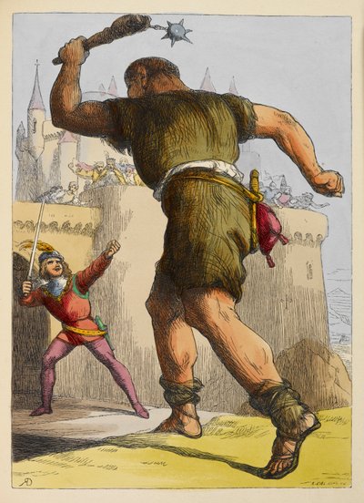 Jack ready to fight a giant outside a castle. Colour illustration in a children