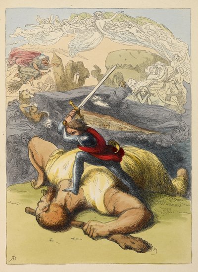 Jack standing on the body of a giant, with his sword raised by Richard Doyle
