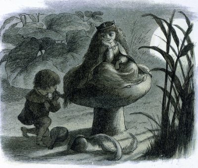 A water fairy sitting on a mushroom is courted by a lover. In 