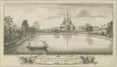 Lichfield Cathedral and Close - East View: copper-plate engraving by Richard Greene