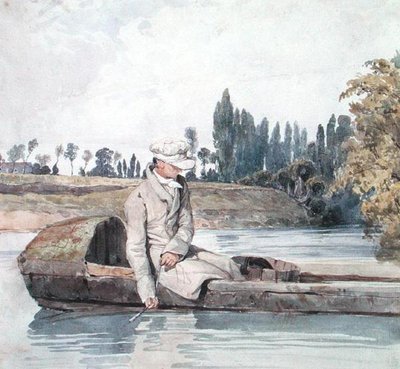 A Man Fishing from a Boat on a River by Richard Parkes Bonington