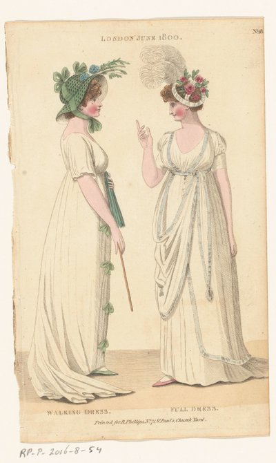 Magazine of Female Fashions of London and Paris, No. 28: London, June 1800: Walking Dress; Full Dress by Richard Phillips