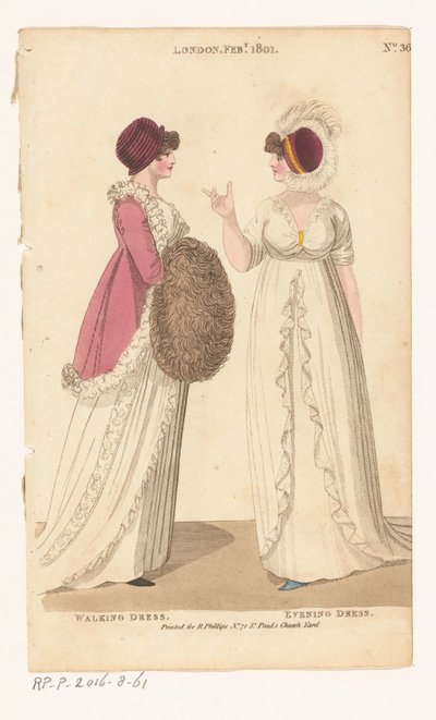 Magazine of Female Fashions of London and Paris. No. 36. London Feb., 1801: Walking Dress; Evening Dress by Richard Phillips