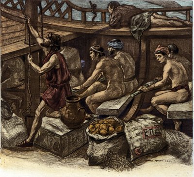 The life of the galerians aboard a Greek galley in Antiquity. Illustration by Richard Ranft 1909 by Richard Ranft