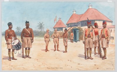 Soldiers of the Gold Coast Regiment outside the Regimental HQ at Kumasi by Richard Simkin