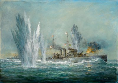HMS Exeter engaging in the Graf Spree at the Battle of the River Plate by Richard Willis