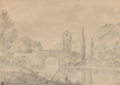 Italian Landscape with Three-Arched Bridge, Bridgehouse, Figures on near Bank, and Poplars on Farther Bank by Richard Wilson