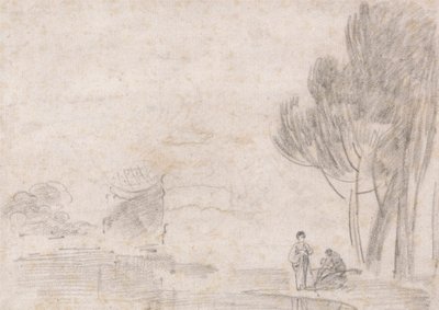 Ruined Temple of Minerva?, Two Figures on River Bank by Richard Wilson