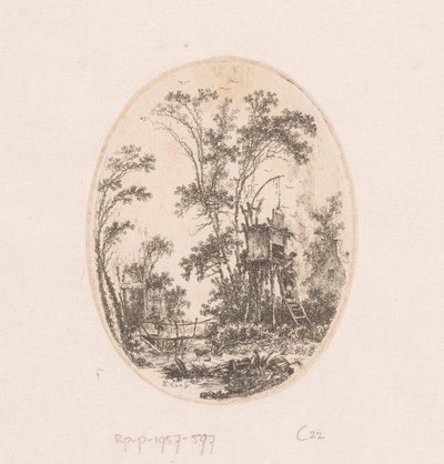 Landscape with Wooden Structure on Piles, Woman on a Bridge to the Left by Richard de Saint Non