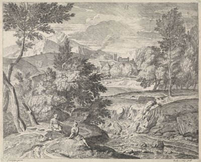 Arcadian Landscape with Two Figures by a Waterfall by Richard van Orley (II)
