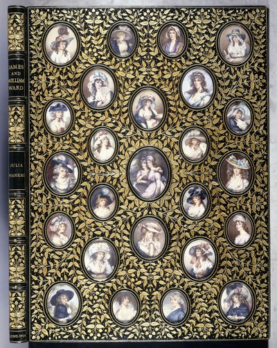 A book cover with twenty-five portrait miniatures of beautiful women, after the Ward