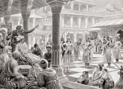 Akbar playing pachisi or chaupur with live pieces at Fatehpur Sikri in 1575, from Hutchinson