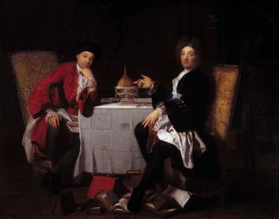 Two epicureans. Two philosophers talking at a table by Robert (attr. to) Tournieres