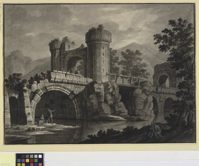 Architectural Fantasy of a Ruined Bridge in a Landscape by Robert Adam