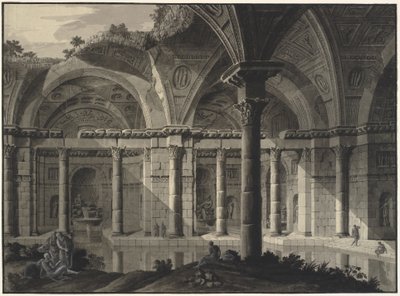 Architectural Fantasy of an Antique Bath with Ruined Roof and Figures by Robert Adam