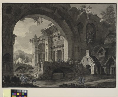 Architectural fantasy with ruins of an antique bath and cottages by Robert Adam