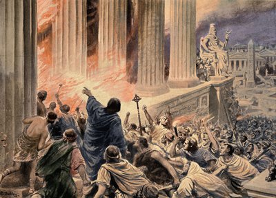 The Burning of the Library at Alexandria in 391 AD, illustration from 