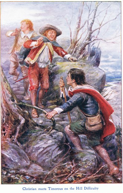 Christian Meets Timorous on the Hill of Difficulty, from The Pilgrims Progress published by John F Shaw & Co, c.1900