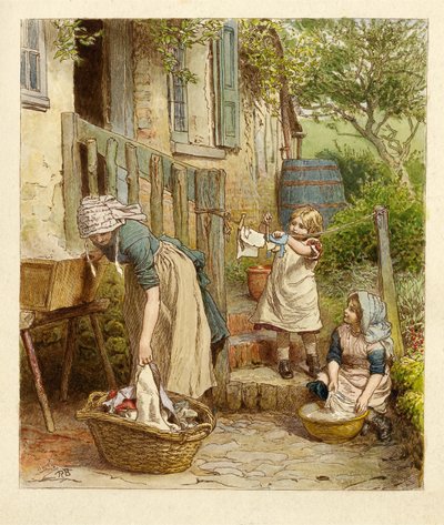 Mother and Children Hanging Out the Washing, pub. 1854 by Robert Barnes