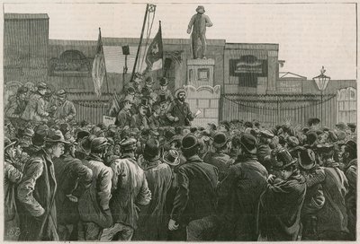 The Great Strike of Dock Labourers at the East End: Mr John Burns addressing the men on strike at the gates of the East and West India Docks by Robert Barnes