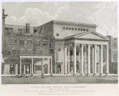 View of the New Theatre Royal, Haymarket, Opened July 4th 1821, Showing also the Relative Situation of the Old Theatre Previous to its Demolition, engraved by Dale, 1822 by Robert Blemell Schnebbelie
