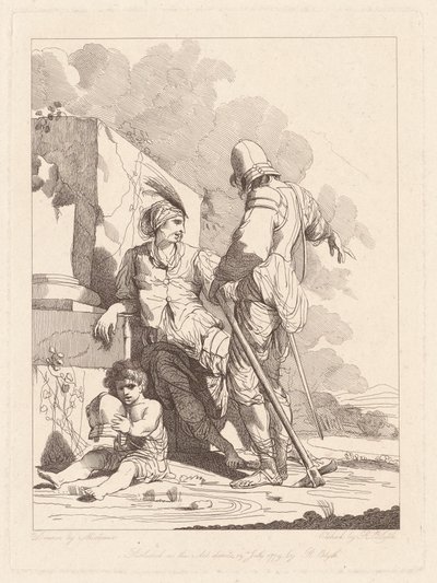 Two Soldiers and Child Holding a Helmet by Robert Blyth, after John Hamilton Mortimer