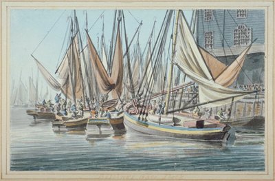 View of Billingsgate Wharf with Boats on the Water, City of London by Robert Clevely
