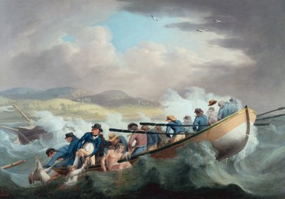 Survivors from a shipwreck off the Isle of Wight being rescued by the crew of H.M.S. Juno by Robert Dodd