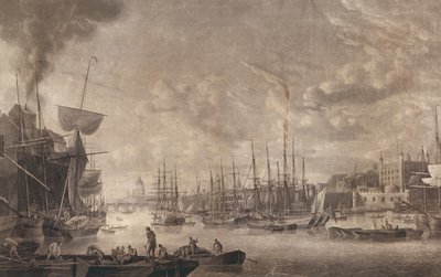 View towards London Bridge from a boat moored near the Tower of London by Robert Dodd