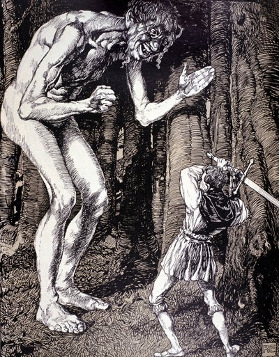 The knight and the giant. Illustration by Robert Engels (1856 - 1936). German engraving. (Dusseldorf) by Robert Engels