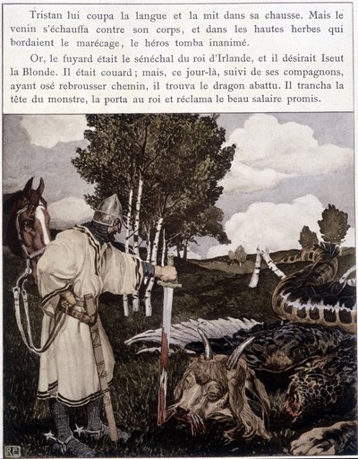 Tristan near the Dead Dragon - in Le Roman de Tristan et Iseult by Bédier, illustrated by Robert Engels, ed. of Art, Paris by Robert Engels