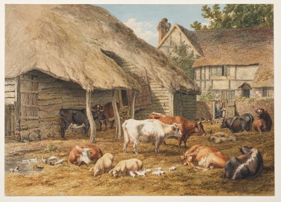 A Farmyard scene with cattle & pigs by Robert Hills
